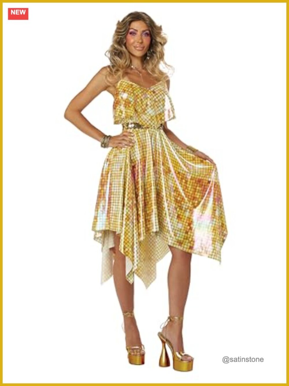 70s Disco Costume Dress Gold Mirrorball Print Handkerchief Hem Women's